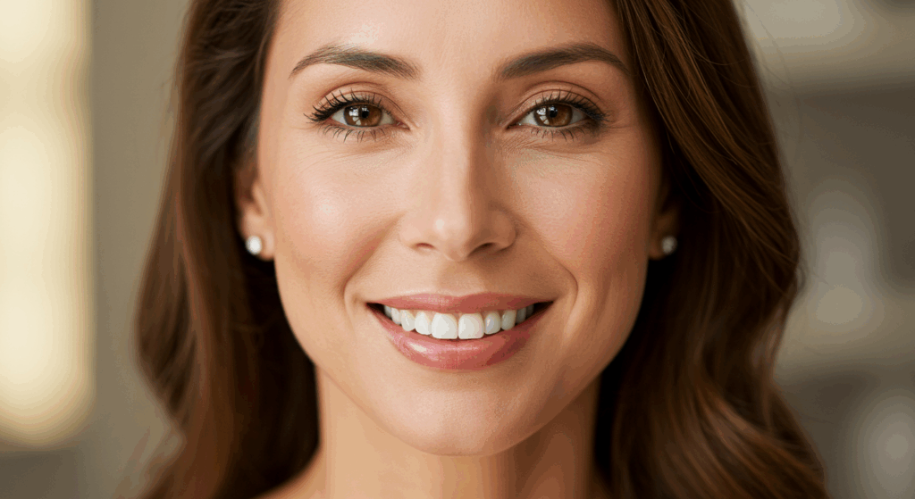 Kahverengi saçlı, inci küpeli ve doğrudan kameraya bakan gülümseyen bir kadının yakın çekim portresi.