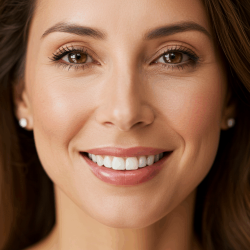 Een close-upportret van een lachende vrouw met bruin haar, pareloorbellen en die recht in de camera kijkt.