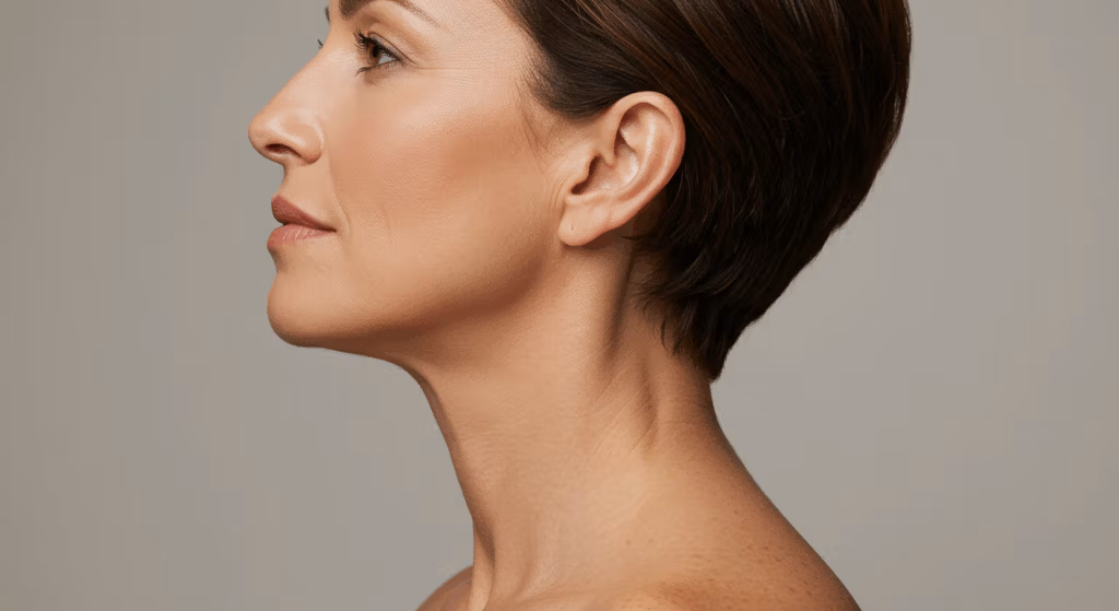 Perfil lateral de una persona con cabello corto, centrándonos en el cuello y la mandíbula.