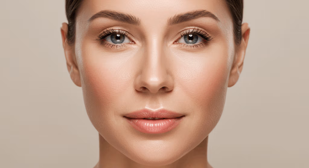 Retrato en primer plano de una mujer con piel tersa, maquillaje natural y ojos azules brillantes, mirando directamente a la cámara.