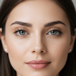 Portrait en gros plan d'une femme à la peau châtain clair, aux yeux verts et aux cheveux noirs et raides. Son maquillage minimaliste met en valeur sa beauté naturelle.