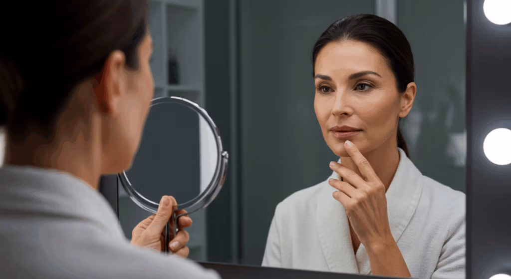 Mujer mirando su reflejo en un espejo, examinando su piel mientras viste una túnica blanca.