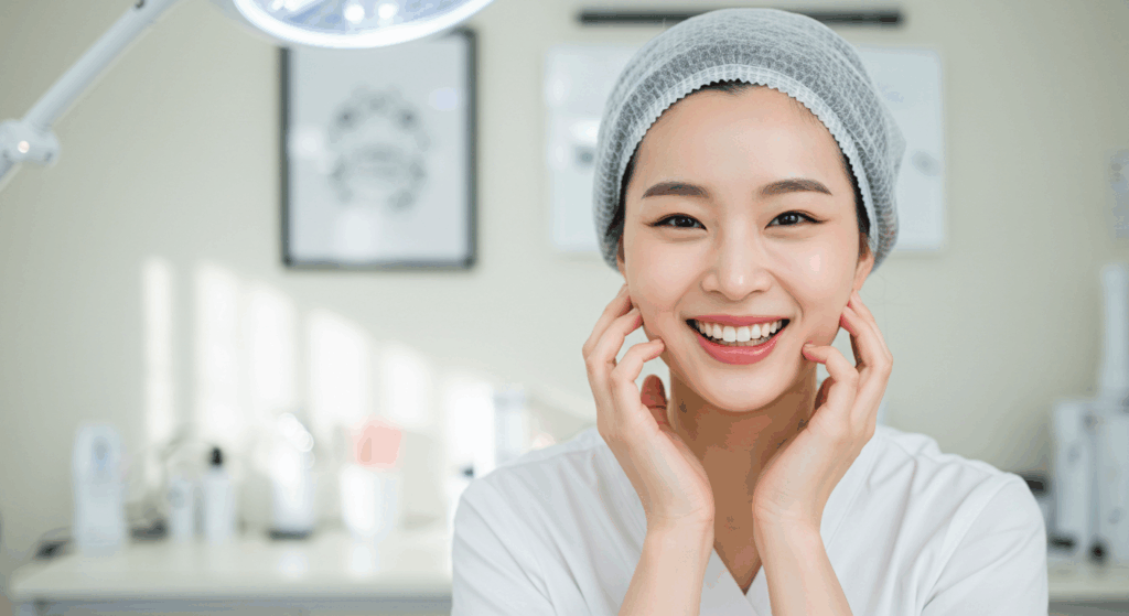 A smiling woman wearing a gray headband and a white robe, touching her face with both hands, in a bright and well-lit room, possibly a spa or beauty clinic.
