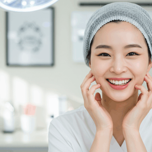 Een lachende vrouw met een grijze hoofdband en een wit gewaad, die haar gezicht met beide handen aanraakt, in een heldere en goed verlichte kamer, mogelijk een spa of schoonheidskliniek.