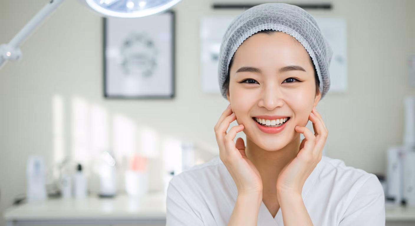 Una mujer sonriente con una diadema gris y una bata blanca, tocándose la cara con ambas manos, en una habitación luminosa y bien iluminada, posiblemente un spa o una clínica de belleza.