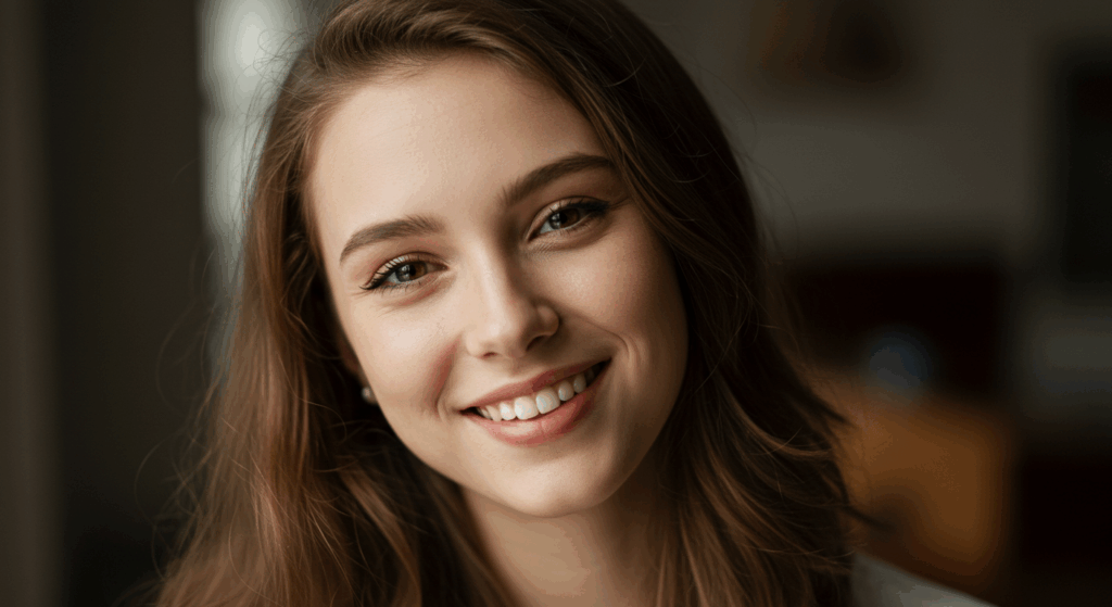 A photo of a young person with long hair smiling in a close-up portrait.