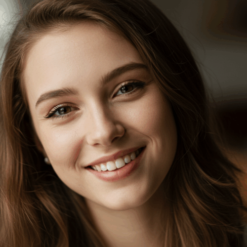 Een foto van een jong persoon met lang haar die lacht in close-up.