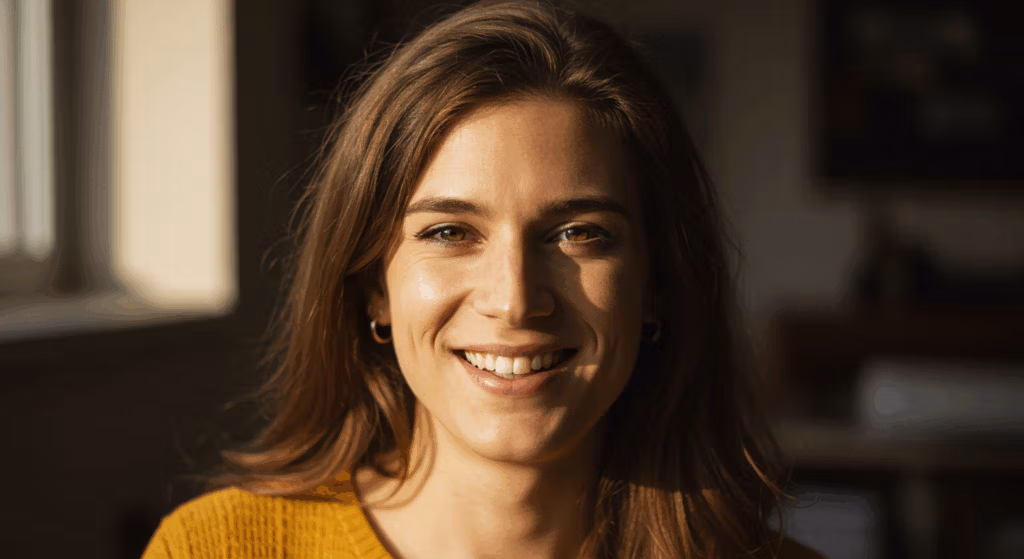 Een portret van een lachende vrouw met lang bruin haar, gekleed in een gele trui, poserend binnenshuis met zacht zonlicht dat haar gezicht verlicht.