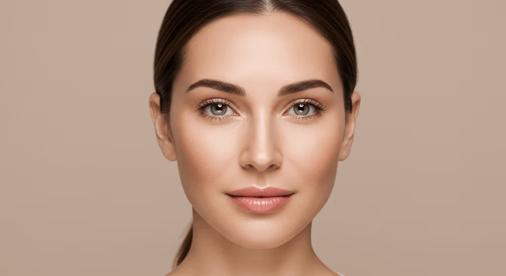 Un retrato en primer plano de una mujer con ojos verdes y cabello oscuro, mirando directamente a la cámara con una expresión suave y natural.