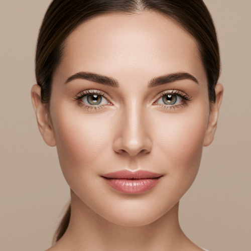 Een close-upportret van een vrouw met groene ogen en donker haar, die recht in de camera kijkt met een zachte, natuurlijke uitdrukking.