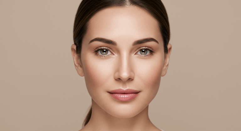 Yeşil gözlü ve koyu saçlı bir kadının, yumuşak ve doğal bir ifadeyle doğrudan kameraya baktığı yakın çekim portresi.