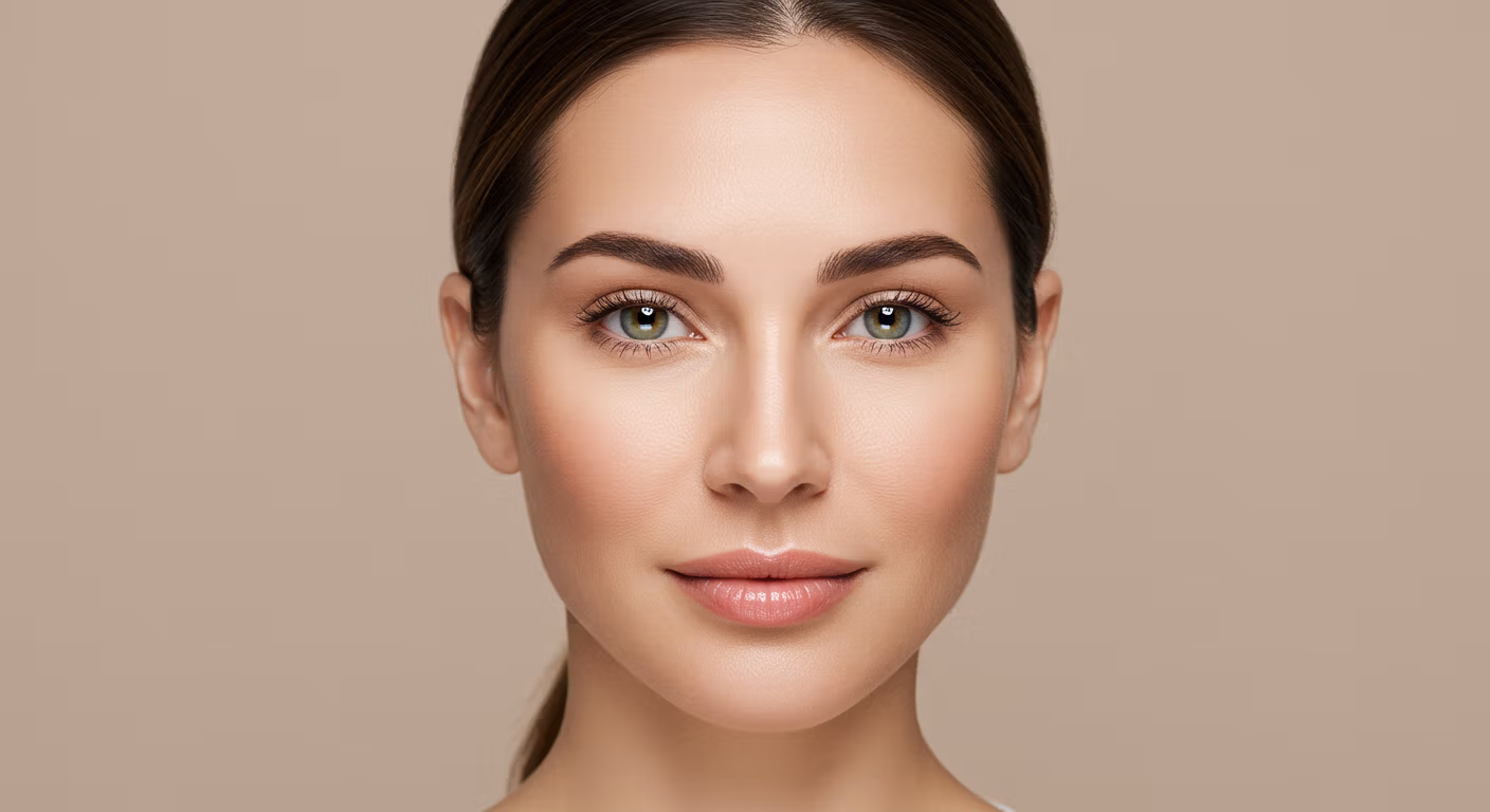 Un retrato en primer plano de una mujer con ojos verdes y cabello oscuro, mirando directamente a la cámara con una expresión suave y natural.