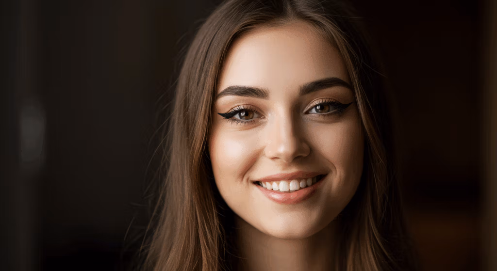 Retrato en primer plano de una mujer sonriente con cabello castaño y maquillaje discreto, sobre un fondo oscuro.