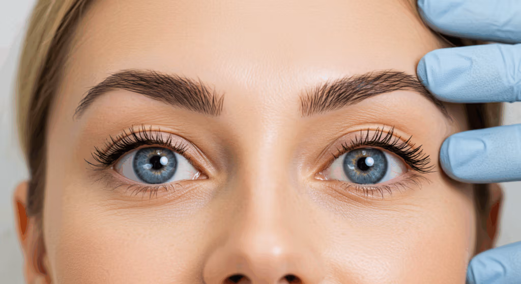 Imagen en primer plano del rostro de una persona con ojos y cejas azules, que está siendo examinada o tratada por una mano enguantada.