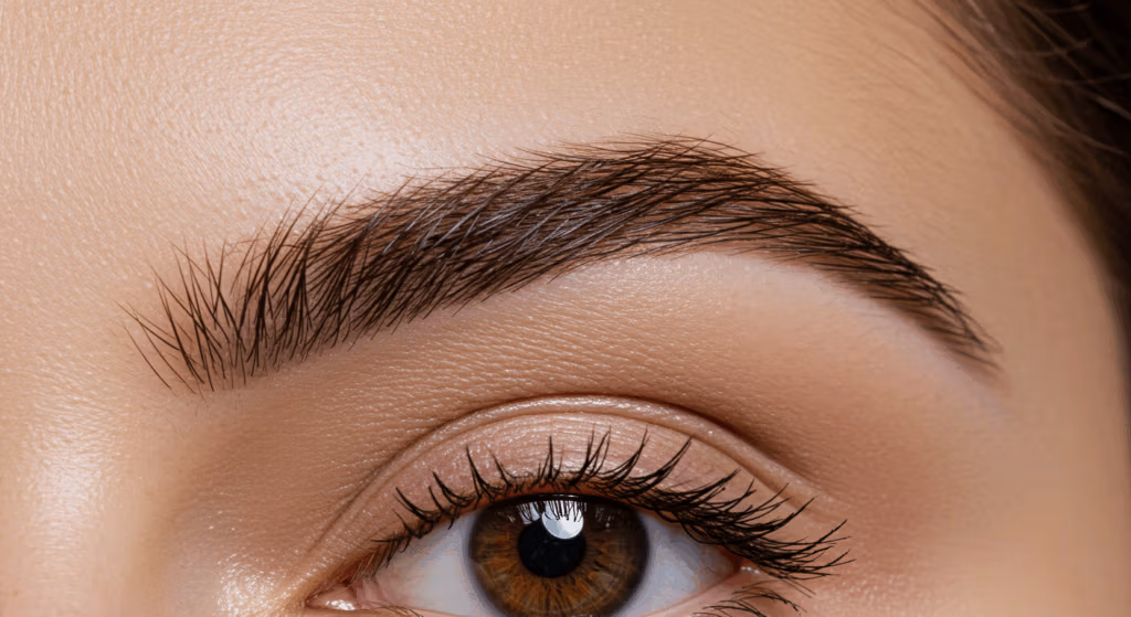 Imagen en primer plano del ojo y la ceja de una persona, que muestra pestañas detalladas y cejas con una forma perfecta.