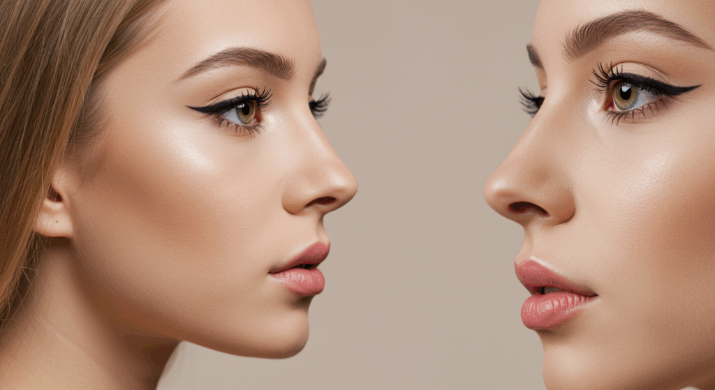 Two women with flawless makeup and highlighted cheekbones facing each other, showcasing different nose shapes and lip colors.