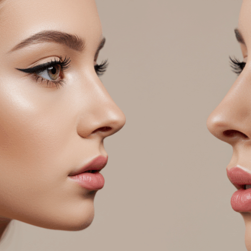 Twee vrouwen met onberispelijke make-up en geaccentueerde jukbeenderen staan tegenover elkaar, met verschillende neusvormen en lippenstiftkleuren.