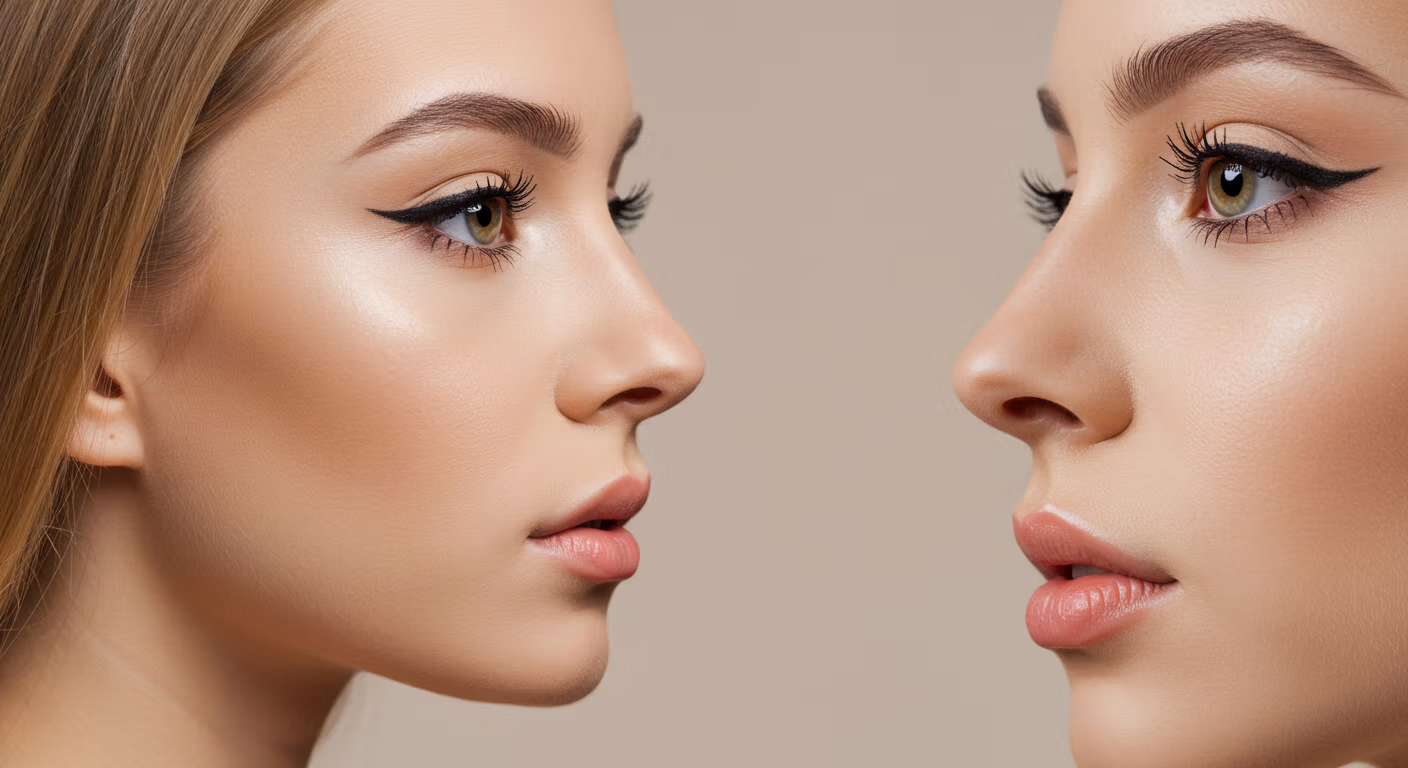 Dos mujeres con un maquillaje impecable y pómulos resaltados se enfrentan entre sí, mostrando diferentes formas de nariz y colores de labios.