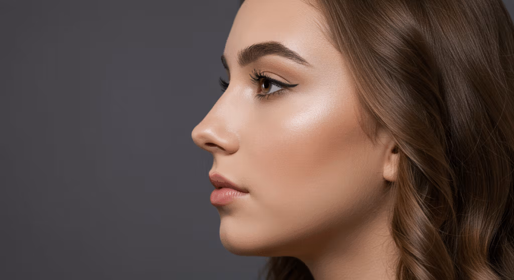 Vista de perfil de una mujer con piel tersa, cejas definidas y maquillaje sutil, que muestra una belleza natural y elegante.