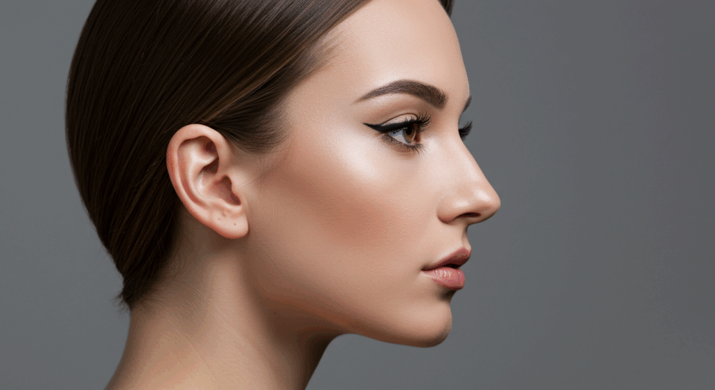A profile view of a woman with smooth skin, accentuated cheekbones, and subtle makeup, featuring a sleek hairstyle against a neutral background.