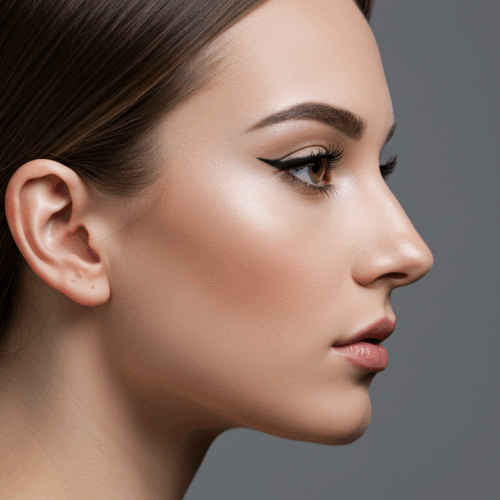 Een profielfoto van een vrouw met een gladde huid, geaccentueerde jukbeenderen en subtiele make-up, met een strak kapsel tegen een neutrale achtergrond.