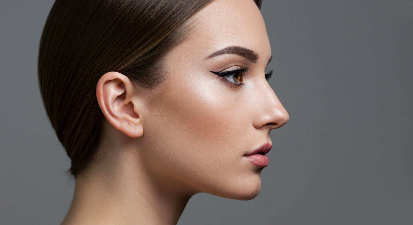 Profilansicht einer Frau mit glatter Haut, betonten Wangenknochen und dezentem Make-up sowie einer eleganten Frisur vor einem neutralen Hintergrund.