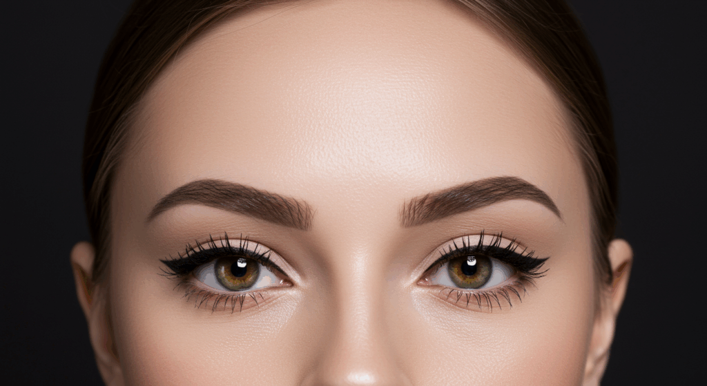 A close-up portrait of a person with light hazel eyes and well-defined eyebrows, looking directly at the camera against a dark background.