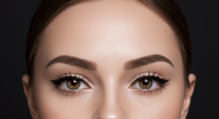 Açık ela gözlü ve belirgin kaşlı bir kişinin, koyu bir arka plana karşı doğrudan kameraya baktığı yakın çekim portresi.