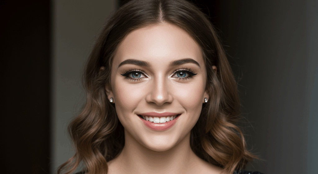 Un retrato en primer plano de una mujer sonriente con cabello castaño peinado en ondas suaves, con un maquillaje sutil centrado en los ojos y los labios, con aretes visibles, sobre un fondo neutro.