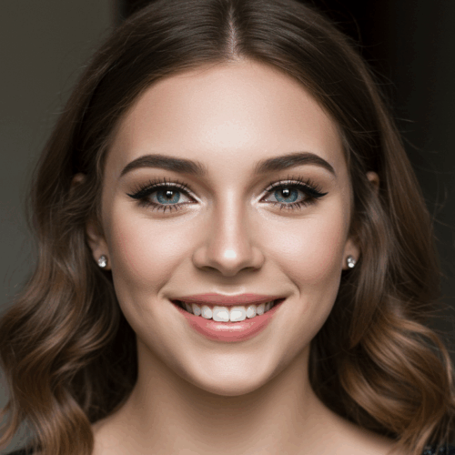 Een close-up portret van een lachende vrouw met bruin haar, gestyled in zachte golven, subtiele make-up met de nadruk op ogen en lippen, oorbellen zichtbaar, tegen een neutrale achtergrond.