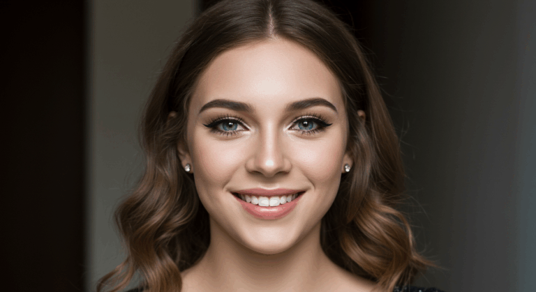 Kahverengi saçları yumuşak dalgalar halinde şekillendirilmiş, gözleri ve dudakları ön plana çıkaran hafif bir makyaj yapmış, küpeleri görünen, nötr bir arka plana karşı gülümseyen bir kadının yakın çekim portresi.