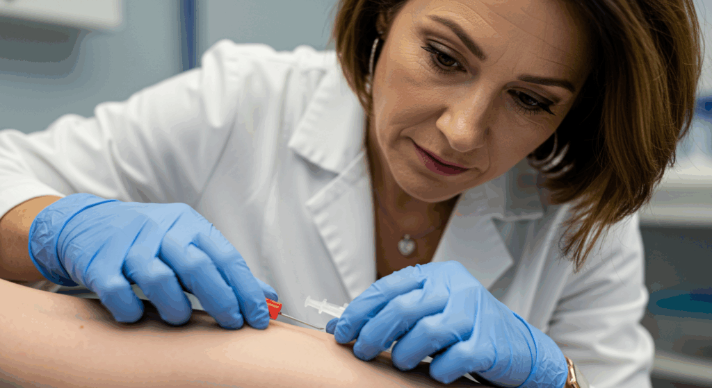 Un profesional sanitario con bata blanca y guantes azules administra una inyección a un paciente.