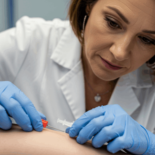 Een zorgprofessional in een witte laboratoriumjas en blauwe handschoenen dient een injectie toe aan een patiënt.
