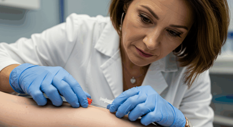 Beyaz laboratuvar önlüğü ve mavi eldiven giymiş bir sağlık çalışanı bir hastaya enjeksiyon uyguluyor.