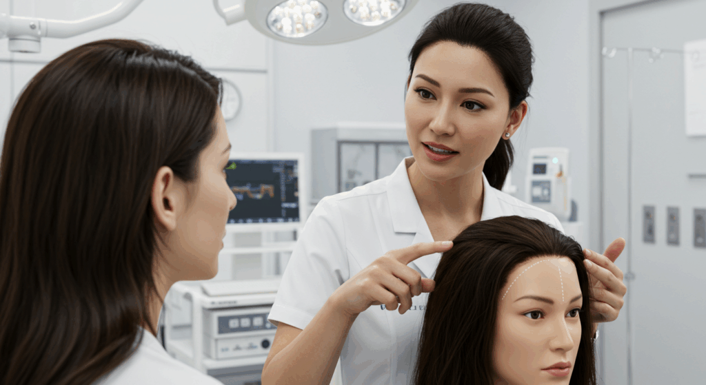 A medical professional demonstrating a procedure on a medical dummy, with another person observing in a clinical setting.