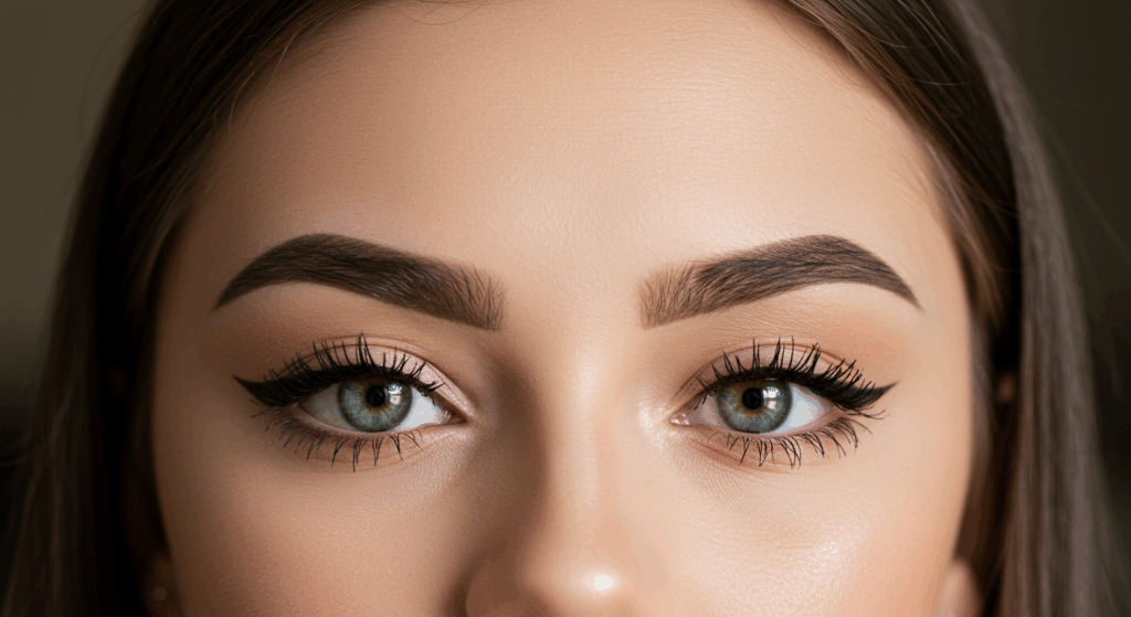 Un retrato de cerca de una mujer con cabello castaño y ojos verdes, mostrando su maquillaje y cejas.