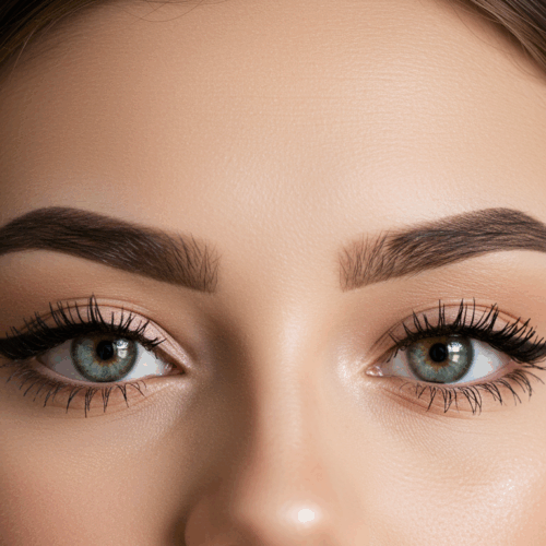 Een close-upportret van een vrouw met bruin haar en groene ogen, waarbij haar make-up en wenkbrauwen zichtbaar zijn.