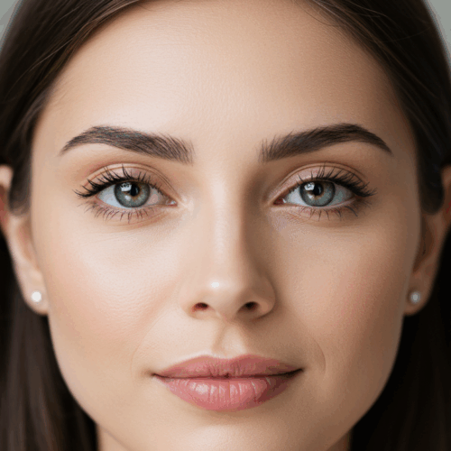 Portrait en gros plan d'une femme à la peau châtain clair, aux yeux verts et aux cheveux noirs et raides. Son maquillage minimaliste met en valeur sa beauté naturelle.
