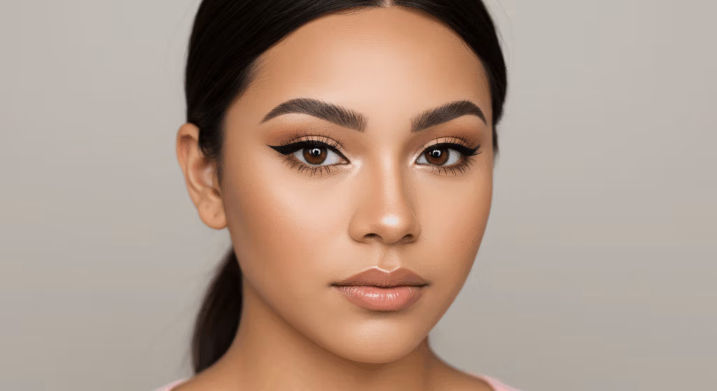 Een close-upportret van een vrouw met een zachte, natuurlijke make-uplook. Ze heeft een gladde, stralende huid, perfect gewelfde wenkbrauwen en subtiel geaccentueerde jukbeenderen. Haar ogen zijn geaccentueerd met een zachte bruine oogschaduw, een winged eyeliner en lange wimpers. Ze draagt een nude lipgloss en haar haar is strak naar achteren gekamd, waardoor haar gelaatstrekken worden geaccentueerd.