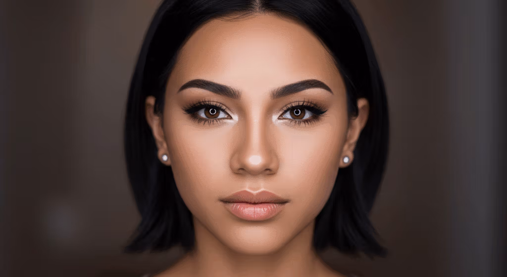 Een close-up portret van een vrouw met donker haar en een lichte huid, met gedetailleerde make-up. Haar ogen zijn geaccentueerd met eyeliner en ze heeft een natuurlijke, subtiele lipkleur.