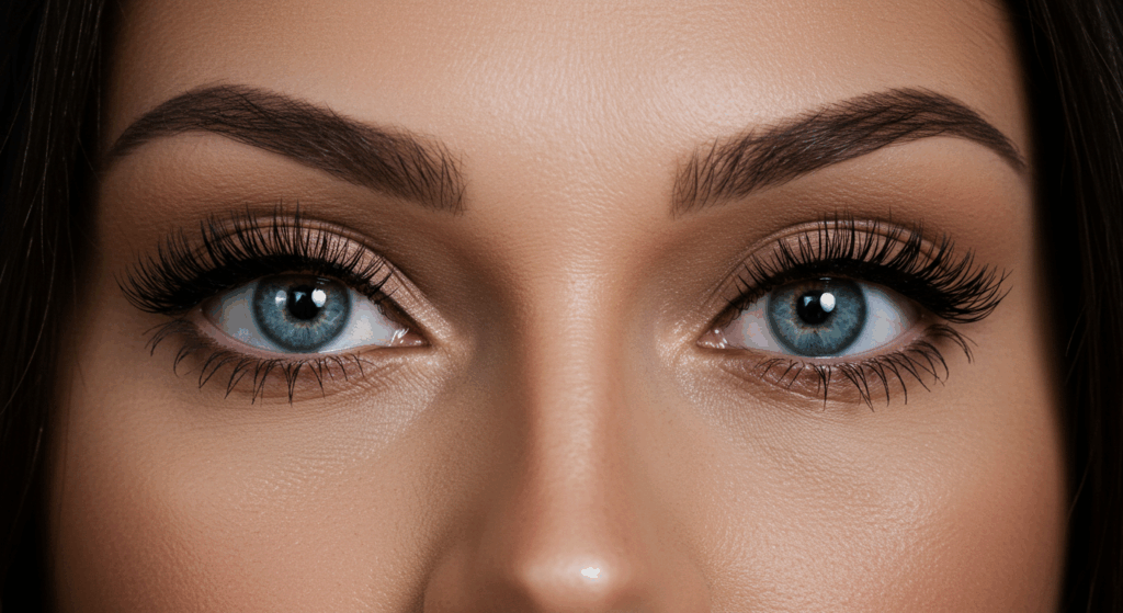Primer plano de una persona con brillantes ojos azules, largas pestañas oscuras y piel tersa. El enfoque se centra en los ojos y las cejas, con tez clara e iluminación suave.