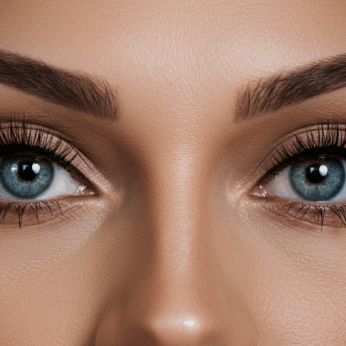 Close-up van een persoon met helderblauwe ogen, lange donkere wimpers en een gladde huid. De focus ligt op de ogen en wenkbrauwen, met een lichte teint en zachte belichting.