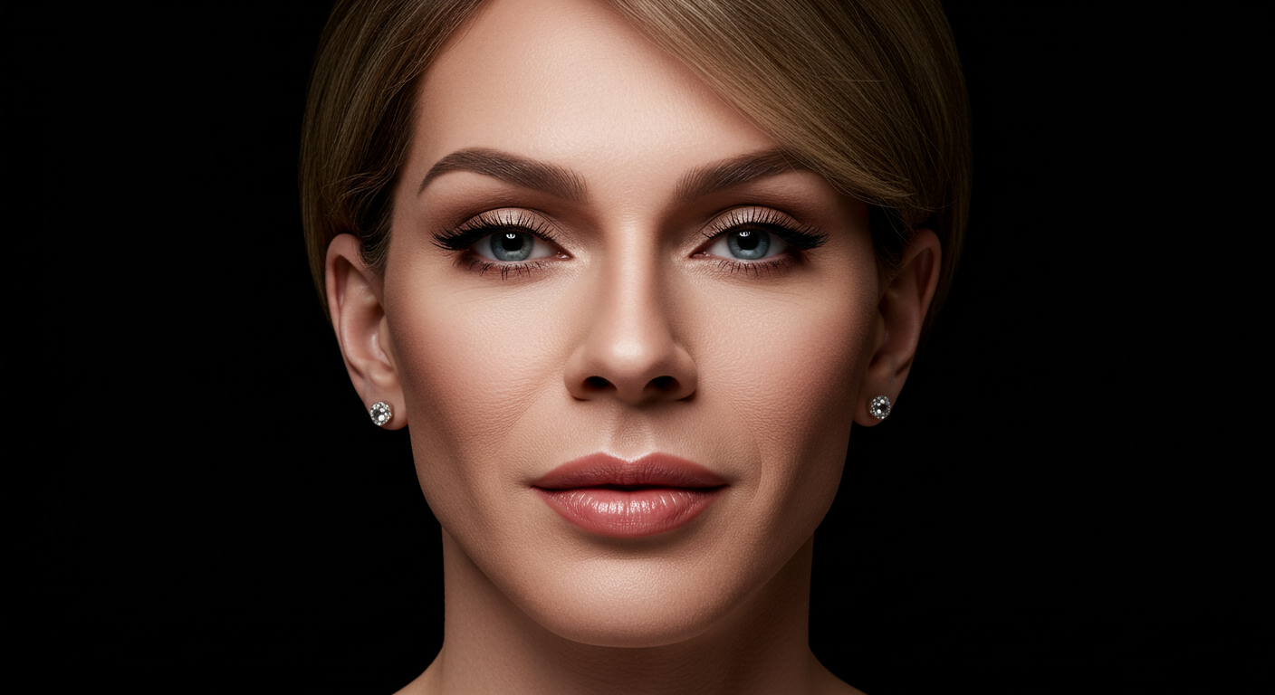 A close-up portrait of a woman with short blonde hair, wearing diamond earrings and subtle makeup, against a dark background.