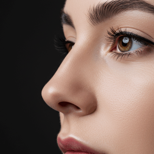 Een close-up profielfoto van iemands gezicht, met de nadruk op de ogen, neus en lippen. De foto toont een gedetailleerde make-upapplicatie, inclusief eyeliner en mascara, met zachte belichting tegen een donkere achtergrond.