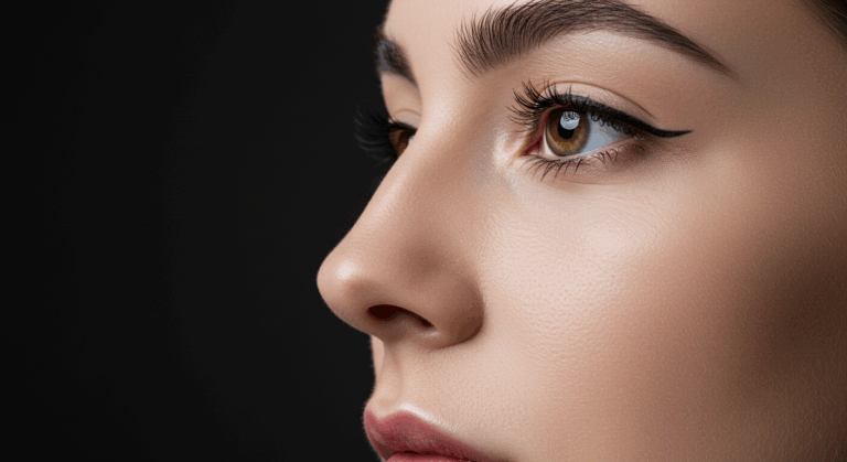 Göz, burun ve dudaklara odaklanan bir kişinin yüzünün yakın çekim profil görünümü. Görselde, koyu bir arka plan üzerinde yumuşak bir aydınlatma eşliğinde eyeliner ve maskara dahil detaylı makyaj uygulaması sergileniyor.