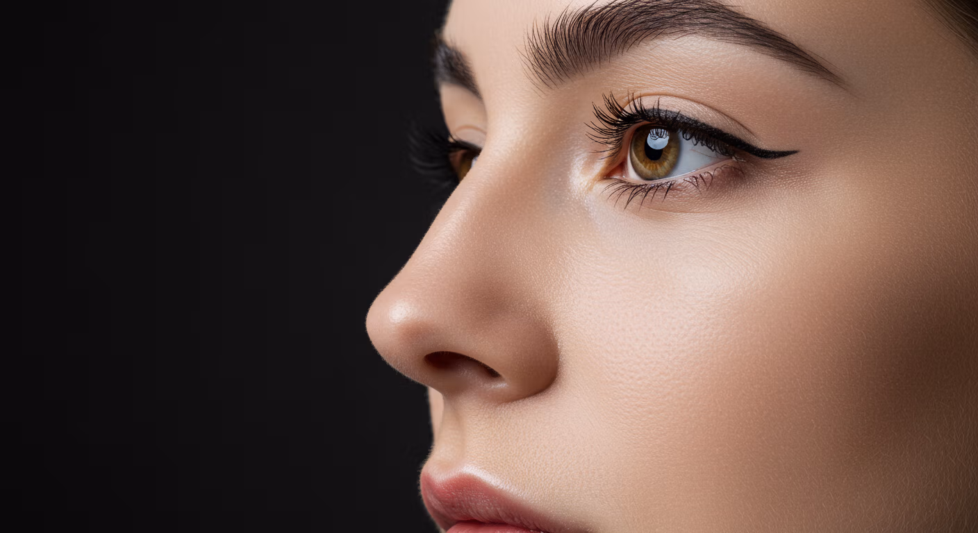 Primer plano del rostro de una persona, con énfasis en los ojos, la nariz y los labios. La imagen muestra un maquillaje detallado, incluyendo delineador y rímel, con una iluminación suave sobre un fondo oscuro.