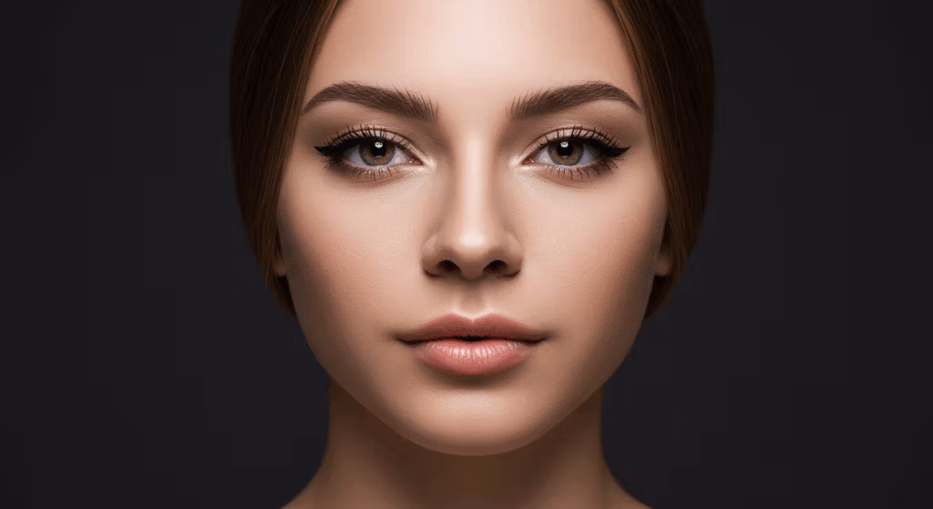Retrato en primer plano de una mujer con maquillaje ligero, que resalta sus rasgos faciales sobre un fondo oscuro.