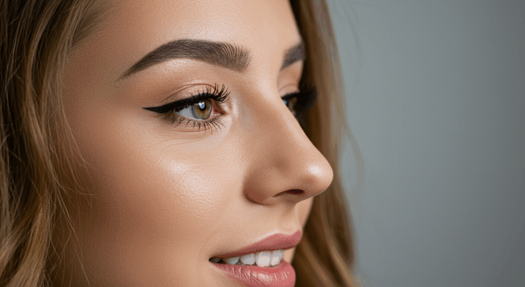 A close-up portrait of a woman with light brown hair, focusing on her facial features, including her eyes, eyebrows, nose, and lips. The image highlights her smooth skin texture and natural makeup.