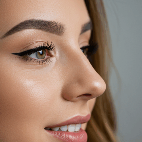 Een close-upportret van een vrouw met lichtbruin haar, met de nadruk op haar gelaatstrekken, waaronder haar ogen, wenkbrauwen, neus en lippen. De foto benadrukt haar gladde huidtextuur en natuurlijke make-up.