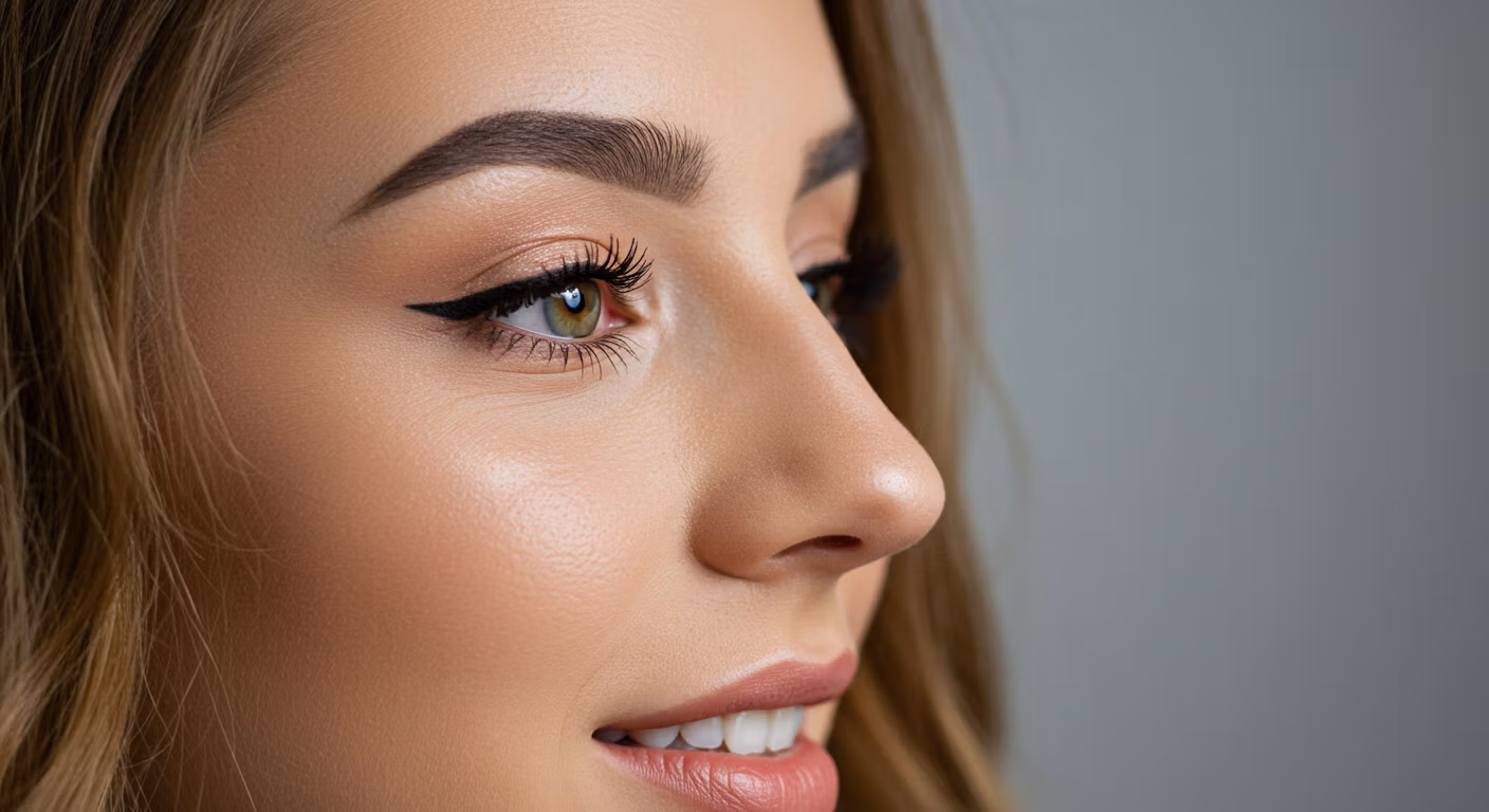 Retrato en primer plano de una mujer de cabello castaño claro, con énfasis en sus rasgos faciales, como ojos, cejas, nariz y labios. La imagen resalta la textura suave de su piel y su maquillaje natural.
